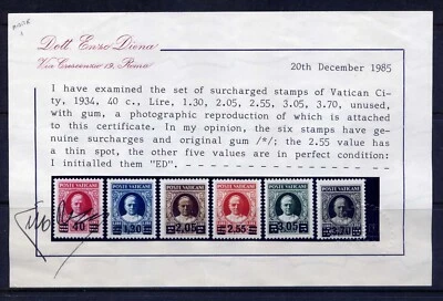 VATICAN Sc#35-40 1934 Surcharge w. Diena Certificate MH (#38, #39 w. small thin) - Image 1 of 3
