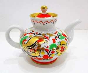 Vintage Lomonosov Porcelain USSR Red Rooster Tea Pot Russia Soviet Union - Picture 1 of 9