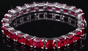 11 Ct Princess Simulated Red Garnet Men's Tennis Bracelet 14K White Gold Plated - Picture 1 of 9
