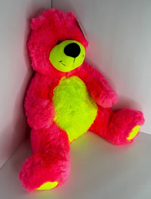 NWT Black Light Reactive Neon Pink & Neon Yellow 16" Teddy Bear Plush Valentines - Image 1 of 4