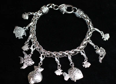 Pulsera Temática Pez Dijes Plata Peltre 8" Intercambiable Pesca Regalo Foto 1 de 4
