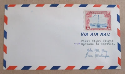 FIRST NIGHT FLIGHT AIR MAIL 1929 "V[A SPOKANE to SEATTLE   SKIP ON POSTAGE" - Image 1 of 3
