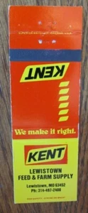 RELACIONADO CON LA GRANJA: KENT FEEDS (LEWISTOWN FEED & FARM SUPPLY) (MISSOURI) MATCHBOOK -F8 - Imagen 1 de 1