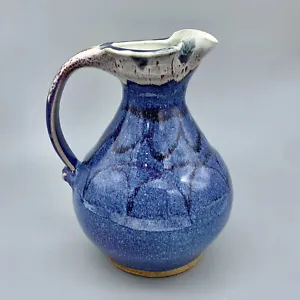 Studio Art Pottery Pitcher Vase Signed Blue Stoneware w/White Purple Drip Glaze  - Picture 1 of 24
