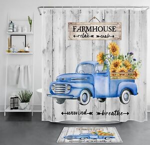Rustic Board Truck Sunflower Farmhouse Shower Curtain Bathroom Accessories Set