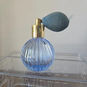 Vintage Blue Ridged Glass Perfume Bottle with Atomizer - please read! - Picture 1 of 9
