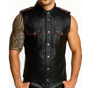 Men's Original Cowhide Leather Black Shirt With Red Piping And Sleeveless Shirt - Picture 1 of 4