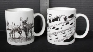 PAIR Whitetail Deer and Foot Prints of Wild Animals Coffee Mugs Wildlife Art NEW - Picture 1 of 4