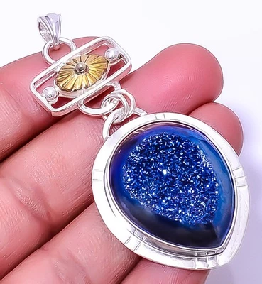 Titanium Blue Agate Drusy 925 Sterling Silver Two Tone Pendant 2.73" A311 - Image 1 of 4