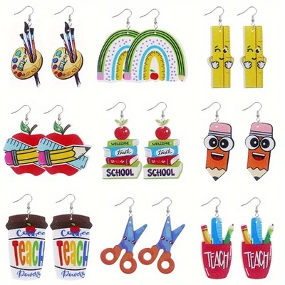 9Pairs Teacher Earrings Set School Acrylic Dangle Earrings Back to School Gifts - Image 1 of 4