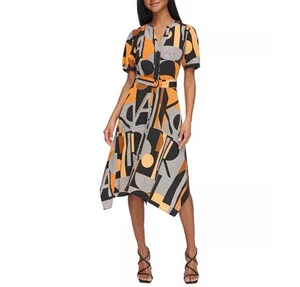 NWT Karl Lagerfeld Paris Printed Midi Belted Handkerchief Shirt Dress size 14 - Picture 1 of 12