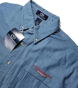 Vantage Shirt Mens Medium Blue Denim Button Down Fairleigh DICKINSON UNIV. Logo - Picture 1 of 10