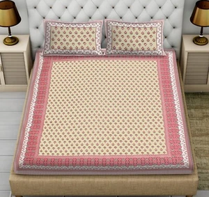 Handmade Rajasthani Peach Double Size Bedsheet Set Premium Cotton with 2 Pillow - Picture 1 of 4