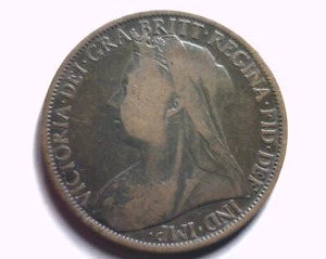 1899 GREAT BRITAIN QUEEN VICTORIA 1 PENNY KM 790 FINE+ F+ NICE ORIGINAL 99c SHIP - Picture 1 of 2