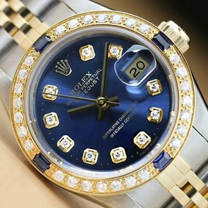 ROLEX LADIES DATEJUST 18K YELLOW GOLD DIAMOND SAPPHIRE & STEEL WATCH 69173 - Picture 1 of 7