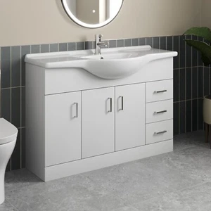 Freestanding Vanity Unit Basin Sink Bathroom Storage Cabinet Gloss White 1200mm - Picture 1 of 10