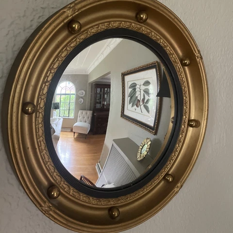 Vintage Gold Leaf Round Convex Mirror Black Accent 8 Rondel Detail  Nautical Cover