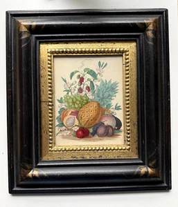 VINTAGE ANTIQUE FRAMED WATERCOLOURED PRINT. PINEAPPLE AND FRUITS - Picture 1 of 7