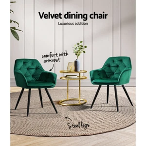 2 PCS Plush Velvet Dining Chairs Cushioned Back Kitchen Seat Wood Frame Green - Picture 1 of 8
