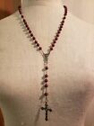 Vintage Silver Tone Red Wood Bead Catholic Religious Cross Rosary Necklace