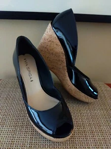 Via Spiga V-Stam Black Patent Leather Open Toe Cork Wedge Women's s Shoes Sz 6 M - Picture 1 of 7