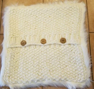 Pottery Barn Button Knit Sweater Faux Fur Trim Ivory 20" Pillow Cover #1489 - Picture 1 of 6