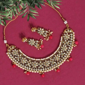 Juego de Collares Kundan Color Magenta Joyería India - Imagen 1 de 2
