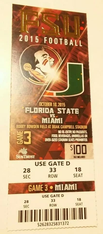 2015 Florida State Seminoles Miami Hurricanes Football Ticket Stub Cover