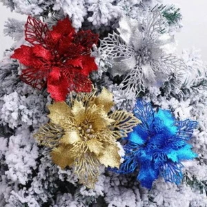 10/20Pcs Glitter Christmas Poinsettia Hanging Flowers Xmas Party Tree Decoration - Picture 1 of 10