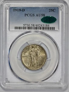 1919-D Standing Liberty 25c Silver Quarter PCGS AU 58 CAC Approved - Picture 1 of 4