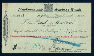 1941 Newfoundland Savings Bank, St. John's, to Bank of Montreal check - Picture 1 of 4