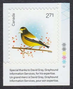 GROSBEAK = CHRISTMAS BIRDS = stamp with COLOUR ID and INSCRIPTION. Canada 2022 - Picture 1 of 1