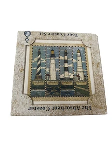 Absorbastine Absorbent 4 Square Coasters Lighthouse Cork Bottom NEW Blue Ocean - Picture 1 of 8