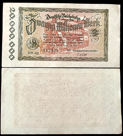 Authentic Historical Germany 20 MILLION Mark 1923 Railroad Banknote 99 Years Old - Image 1 of 1