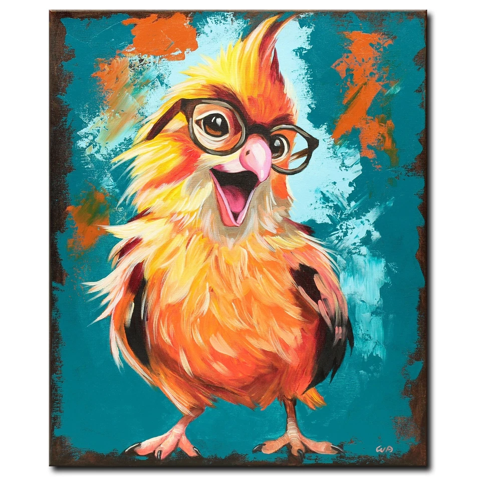 ORIGINAL Acryl Bild Gemälde Vogel Abstrakt Malerei Kunst Modern Küken HANDGEMALT - Bild 1 von 4