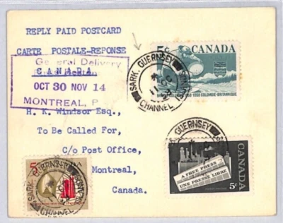 Tarjeta de pago de respuesta CANADÁ USED CHANNEL ISLANDS GUERNSEY SARK 1958 CDS Montreal RC74 Foto 1 de 4