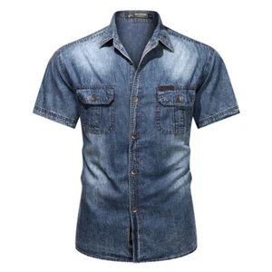 New Mens Denim Shirts Washed Pockets Vintage Short Sleeves Jeans Shirts Cotton - Picture 1 of 9