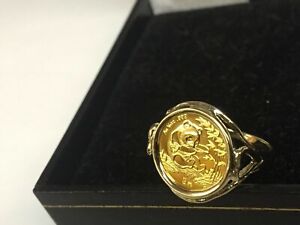 Yellow Gold Finish CHINESE PANDA BEAR COIN CHARM RING 925 Sterling Silver 