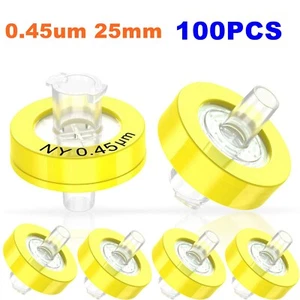 100PS Yellow Wheel NY Nylon Syringe Filter 0.45μm 25mm Hydrophilic Membrane HPLC - Picture 1 of 14