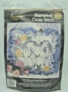 Golden Bee Stamped Cross Stitch Kit "Unicorn & Roses Pillow" 20407 14"x14" Open - Picture 1 of 8