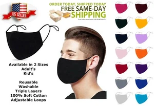 ADULTS & KIDS Face Mask 3 Layers 100% Cotton Washable Reusable ADJUSTABLE LOOPS - Picture 1 of 27