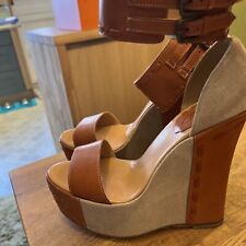 Valentino  High Leather And Canvas Wedges Wide Ankle Strap 38 New