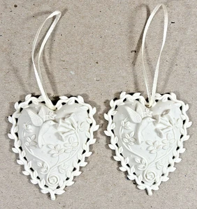 Margaret Furlong Set of 2 "Love Song" Bisque Heart Ornaments 2.5" Hummingbird - Picture 1 of 17