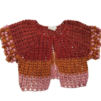 Anthropologie Cardigan Womens One Size Pink Orange Red Shine Deco Crochet Knit - Image 1 of 4