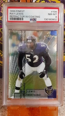 1999 TOPPS FINEST #106 RAY LEWIS REFRACTOR W/COATING PSA 8 BALTIMORE RAVENS - Image 1 of 2