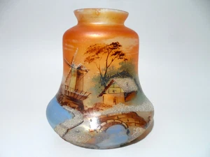 VINTAGE 1920s HAND PAINTED MARIGOLD CARNIVAL GLASS LIGHT SHADE W/ SCENERY LEGRAS - Picture 1 of 18