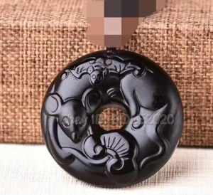 Natural Black Obsidian Pendant Chinese Amulet Zodiac Rat Hollow Necklace Gift - Picture 1 of 4