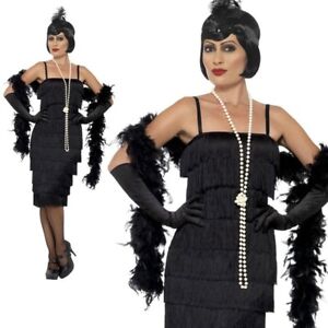 Adult Long Flapper Costume Black 1920s Gatsby Ladies Fancy Dress Outfit 8-22