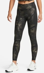 Womens Nike One Black/Gold Mid-Rise Printed Leggings DQ6308-010 Size XLarge - Picture 1 of 7