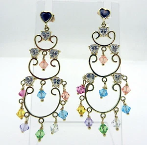 Solid 14K gold Chandelier Style pierced Earrings Colored Gem Stones Beads 8.4gr - Picture 1 of 6